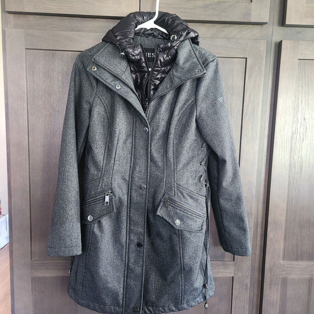 Guess Women Small Long Sleeve Black Gray Hood Trench Pea Coat Puffer Jacket FLAW
